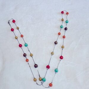 Colorful wooden bead and silver tone long necklace